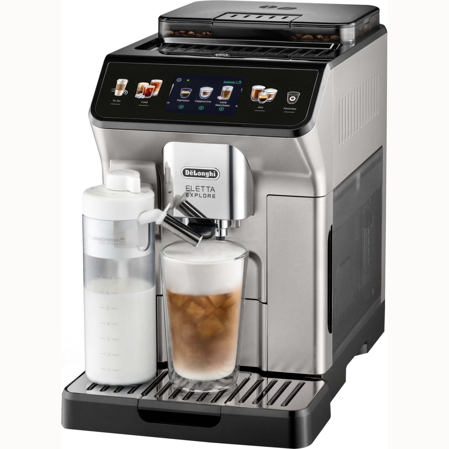 Eletta Explore ECAM450.55.S - über 40 heiße und kalte Rezepte, mit Heißer und kalter Milchschaum, 4 Benutzerprofile, 3,5'' TFT Touch Display, 300g, 1,8l, 19 ba - Silber