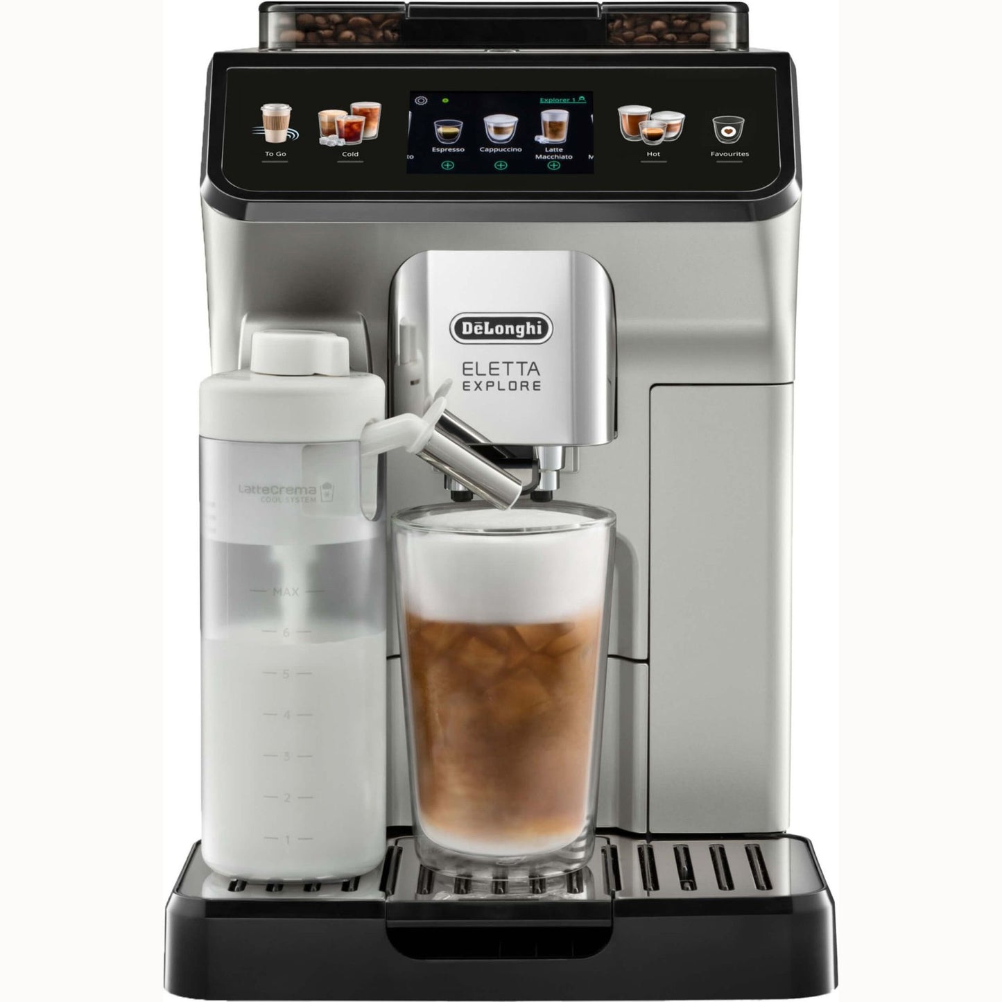 Eletta Explore ECAM450.55.S - über 40 heiße und kalte Rezepte, mit Heißer und kalter Milchschaum, 4 Benutzerprofile, 3,5'' TFT Touch Display, 300g, 1,8l, 19 ba - Silber